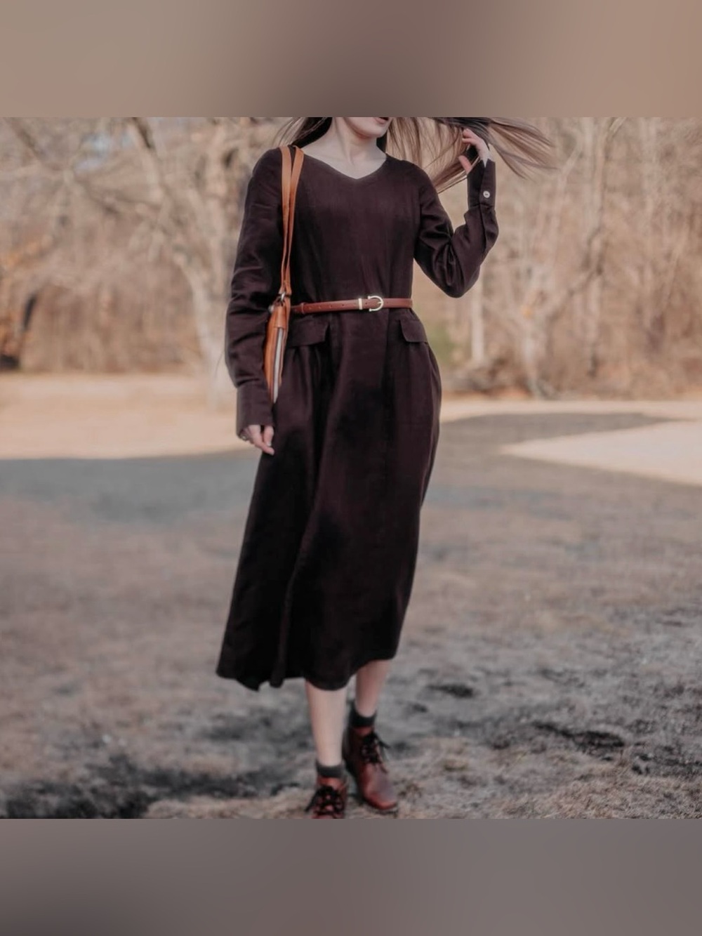 Washed Chocolate Color linen dress - Picture 5 of 9